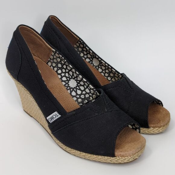 TOMS Classic Black Canvas Cream Open Toe Espadrille Wedges Sandals 8 - Picture 1 of 15